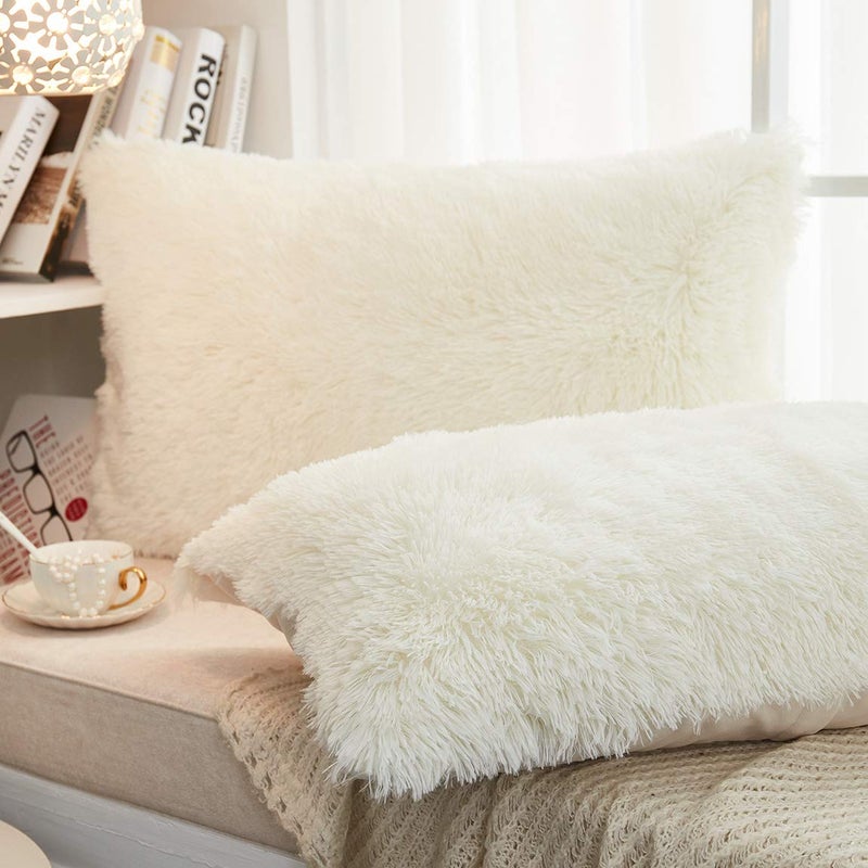 JAUXIO Long Faux Fur Soft Soild Decorative Pillowcase Oblong Fluffy Throw Pillow Cover Velvet Shaggy Plush Cushion Case Set of 2 Zipper Closure Queen Size (20X26 Inches, Cream) - Image 3
